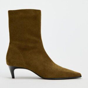 Zara Olive Green Suede Kitten Heel Ankle Boots